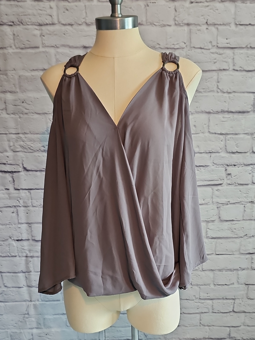 Maurices Gray Cold-Shoulder Wrap Blouse with Ring Details